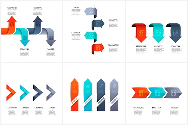 Conjunto de diseños de diseño infográfico de flechas vectoriales con 3 y 4 opciones de partes o pasos