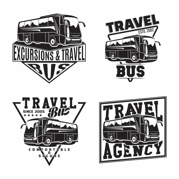 Conjunto de diseños de emblemas de empresa de viajes en autobús con emblemas de autobuses turísticos