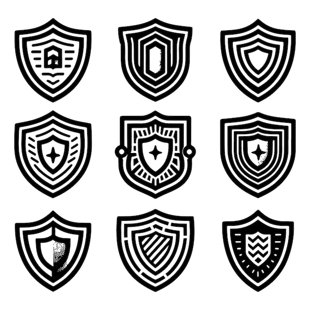 Conjunto de diseños de escudos en blanco y negro