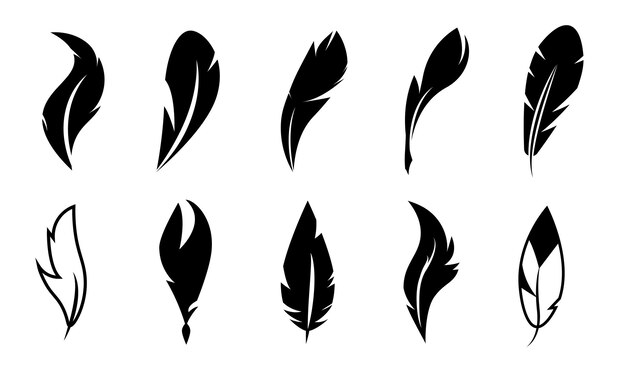 Conjunto de diseños estilizados de silueta de plumas