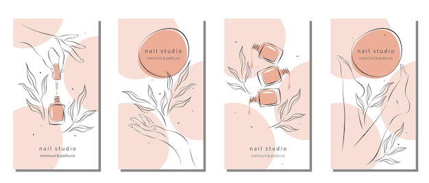 Conjunto de diseños para estudios de uñas para publicaciones e historias en redes sociales, aplicaciones móviles y esmalte de uñas.