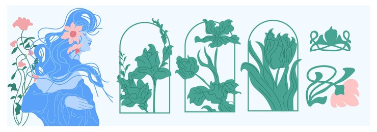 conjunto de diseños florales en estilo art nouveau con mujer de art nouveau moderna