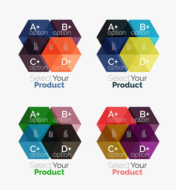 Conjunto de diseños de hexágonos comerciales con texto y opciones