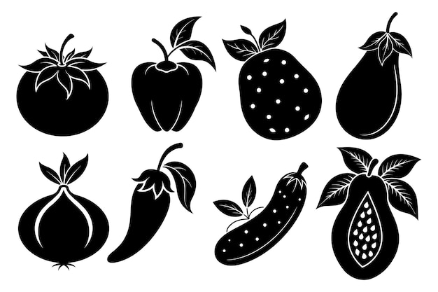 Conjunto de diseños de ilustraciones vectoriales de siluetas de frutas y verduras