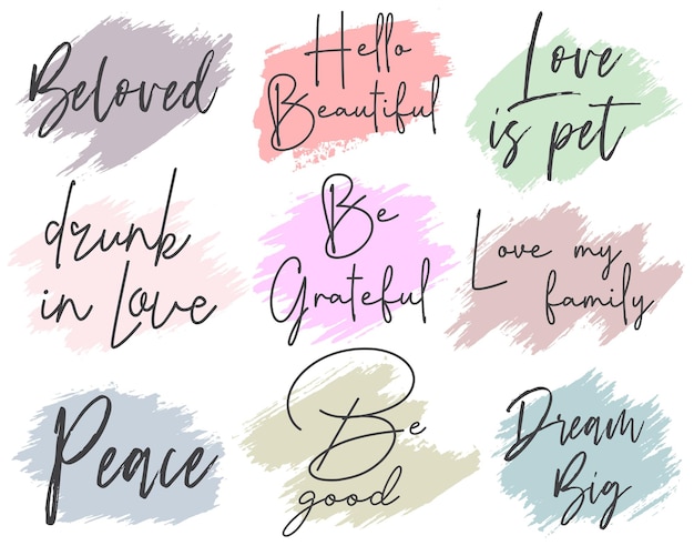 Conjunto de diseños de impresión de palabras de mensaje de amor con pincel de tinta
