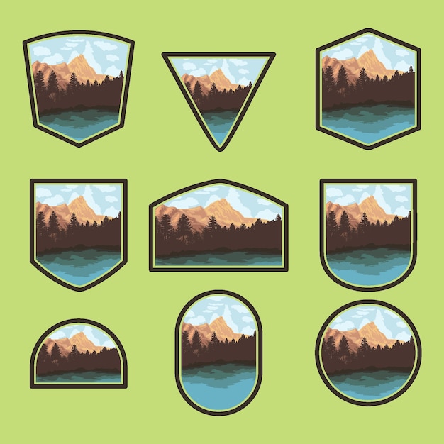 Conjunto de diseños de insignias de Nature Outdoor con lago y bosque