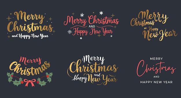 Conjunto de diseños de letras navideñas Feliz Navidad Año Nuevo emblemas tipográficos de oro con brillo