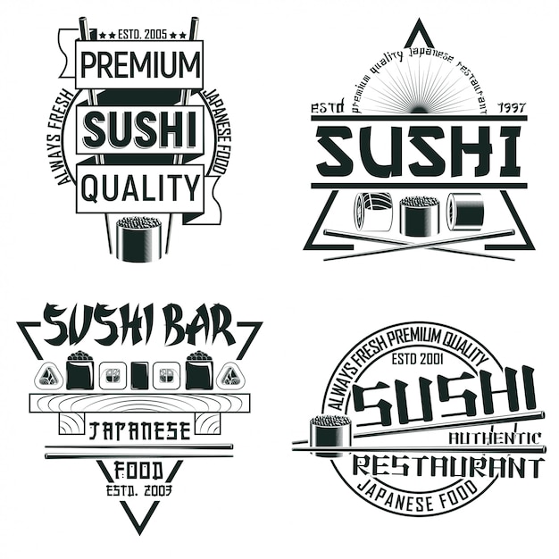 Conjunto de diseños de logotipos de bares de sushi Vintage, sellos de impresión de grange, emblemas de tipografía de comida japonesa creativa,