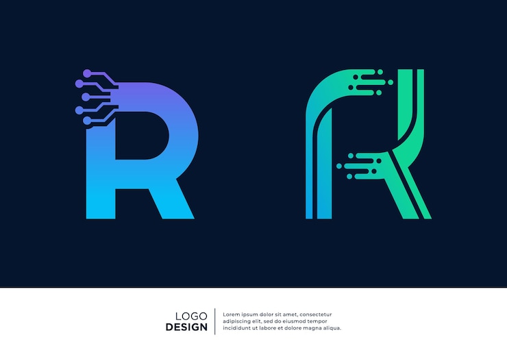 Vector conjunto de diseños de logotipos de conexión de datos digitales con la letra r