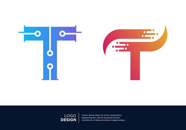 Conjunto de diseños de logotipos de conexiones de datos digitales con la letra T