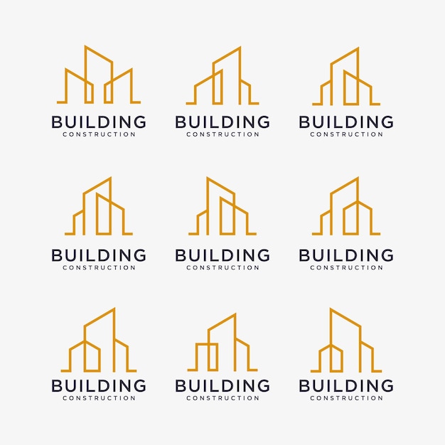 Conjunto de diseños de logotipos de construcción dorados Diseño de logotipos de construcción con estilo de arte lineal