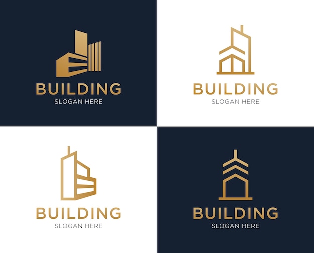 Vector conjunto de diseños de logotipos de edificios y bienes raíces con estilo de arte de líneas