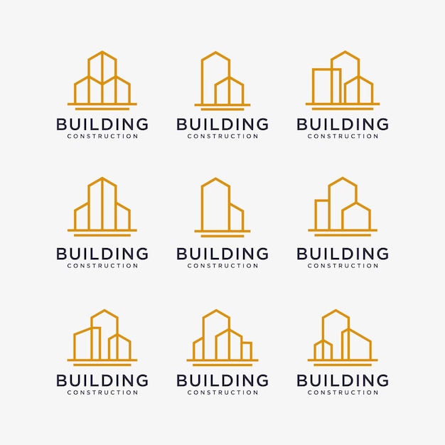 Conjunto de diseños de logotipos de edificios dorados. diseño de logotipo de construcción con estilo de arte lineal.