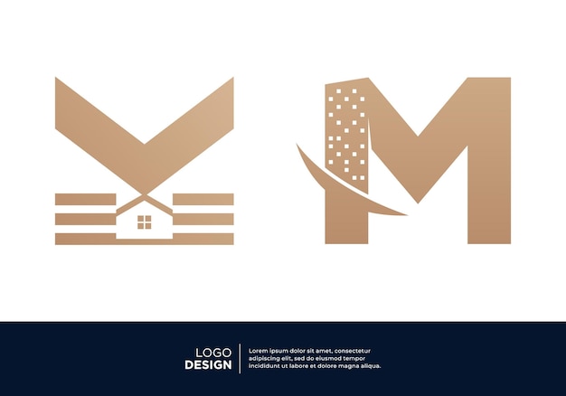 Conjunto de diseños de logotipos inmobiliarios de edificios con la letra M
