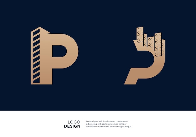 Vector conjunto de diseños de logotipos inmobiliarios de edificios con la letra p