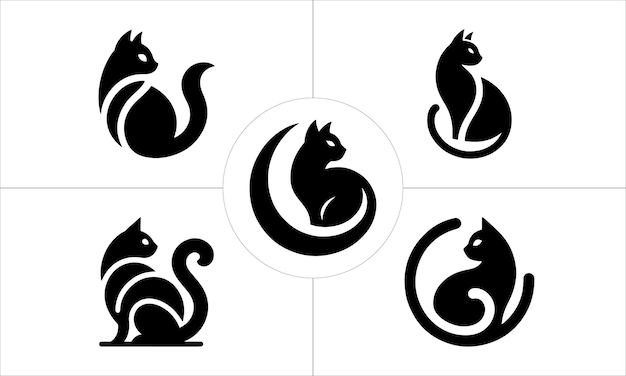 Conjunto de diseños de logotipos de siluetas de gatos, íconos, símbolos e ilustraciones vectoriales