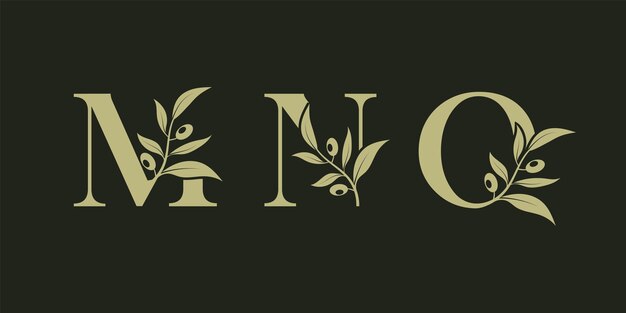 Conjunto de diseños de logotipos vectoriales para M N y O con hojas de olivo