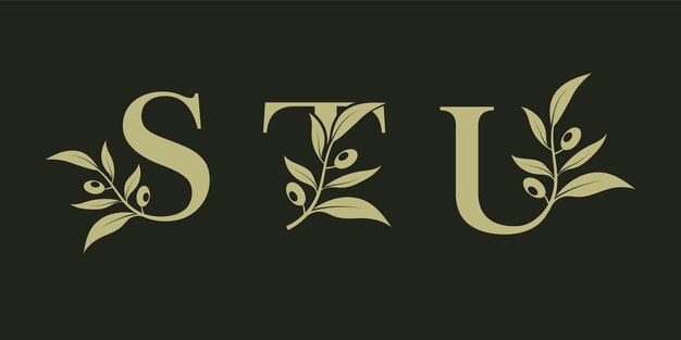 Conjunto de diseños de logotipos vectoriales para S T y U con hojas de olivo