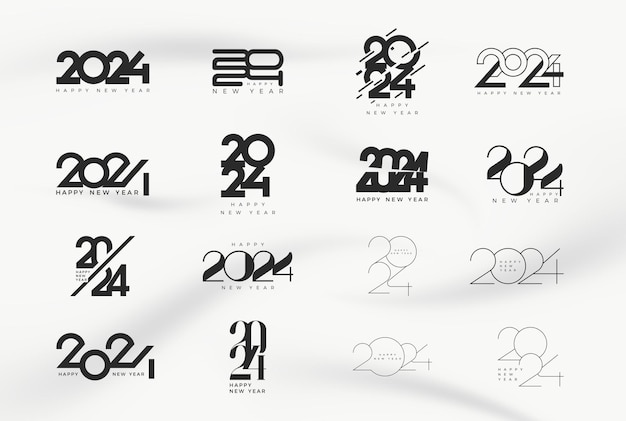 Un conjunto de diseños numéricos para la celebración del feliz año nuevo 20224 con concepto en blanco y negro Diseño vectorial premium para invitación o saludo de celebración