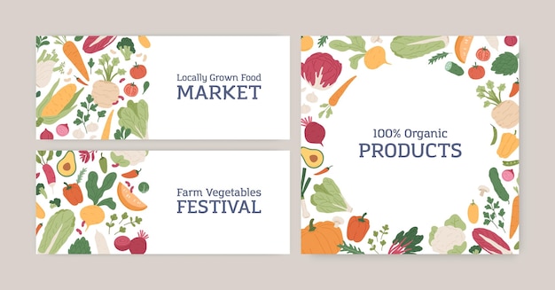 Conjunto de diseños de pancartas y tarjetas con verduras y verduras orgánicas frescas. comida de granja saludable con antecedentes blancos para el mercado local y publicidad de festivales vegetarianos. ilustración de vector plano coloreado.