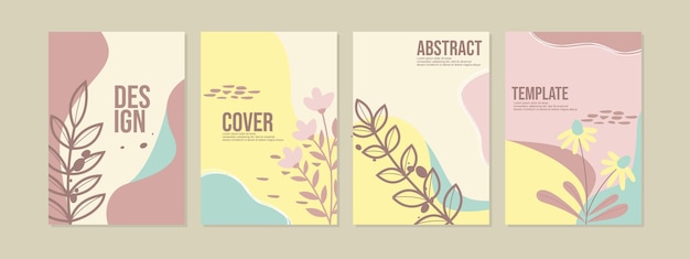 conjunto de diseños de portadas de libros con decoraciones florales dibujadas a mano. fondo botánico retro abstracto
