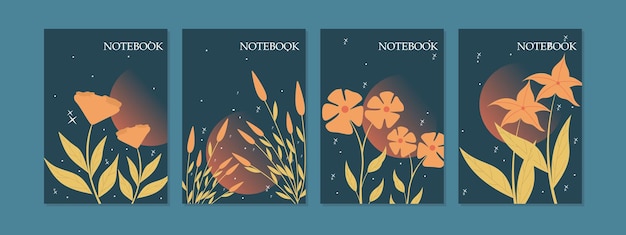 Conjunto de diseños de portadas de libros con decoraciones florales dibujadas a mano. fondo de color azul del tema nocturno.