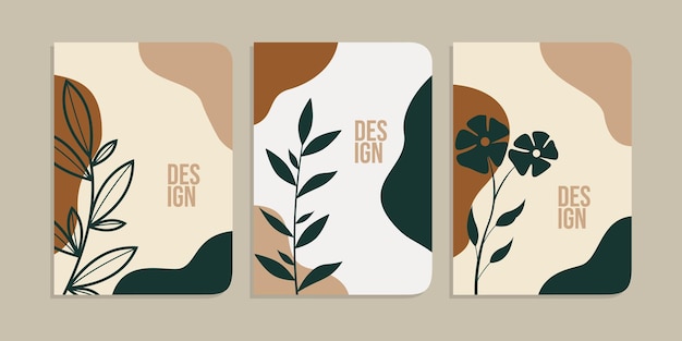 conjunto de diseños de portadas de libros con decoraciones de follaje dibujadas a mano fondo botánico retro abstracto