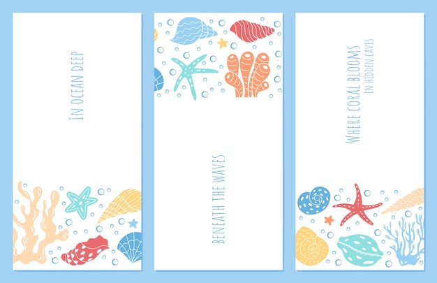 Conjunto de diseños de postales de arrecifes submarinos llenos de vida marina, incluidas conchas marinas de coral y estrellas de mar