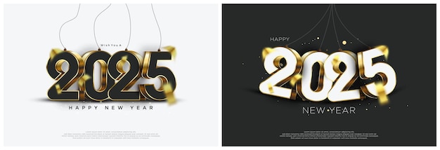 Conjunto de diseños de saludos de Año Nuevo 2025 con ilustraciones de números colgando y balanceándose Diseño vectorial premium para carteles de saludos, carteles y portadas