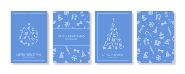 Conjunto de diseños de tarjetas de Navidad con siluetas de árbol de Navidad y bola Ilustración