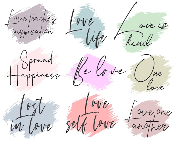 Conjunto de diseños de tipografía de mensaje de amor dulce con caja de pincel de pintura de tinta