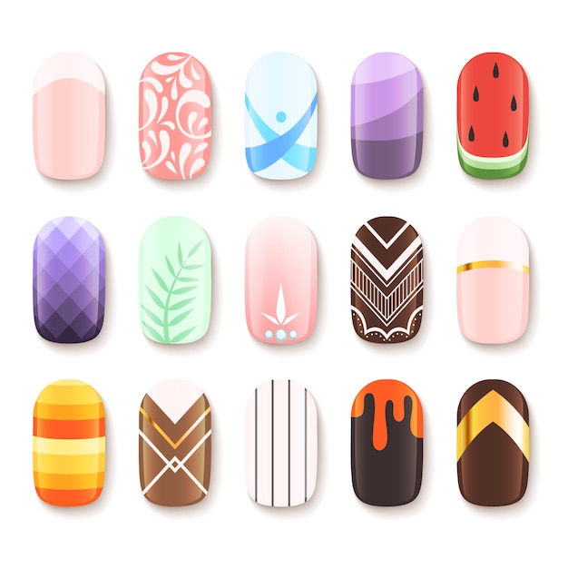 Conjunto de diseños de uñas. Plantilla coloreada de dibujos animados de imágenes de vector de diseño de arte de dedo