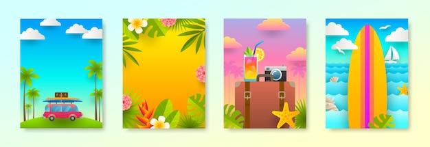 Vector conjunto de diseños de vacaciones tropicales y de vacaciones de verano para carteles o tarjetas de felicitación con espacio para copiar
