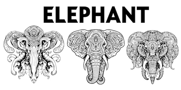 Un conjunto de diseños vectoriales de páginas para colorear de línea de elefante