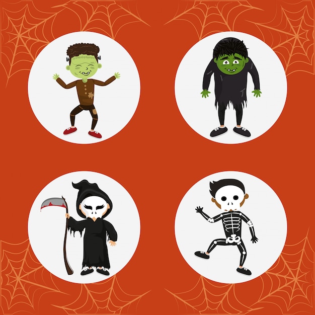 Vector conjunto de disfraces de halloween para niños.