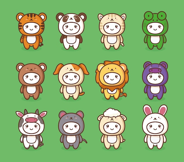 conjunto, de, disfraz, animales, diseño, vector