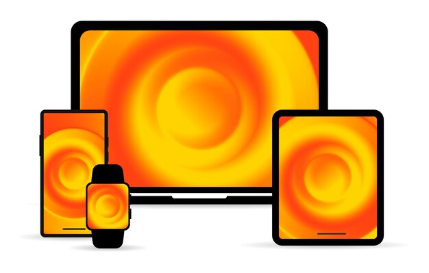 Conjunto de dispositivo con pantalla degradada Pantalla de computadora portátil tableta teléfono y reloj Ilustración vectorial