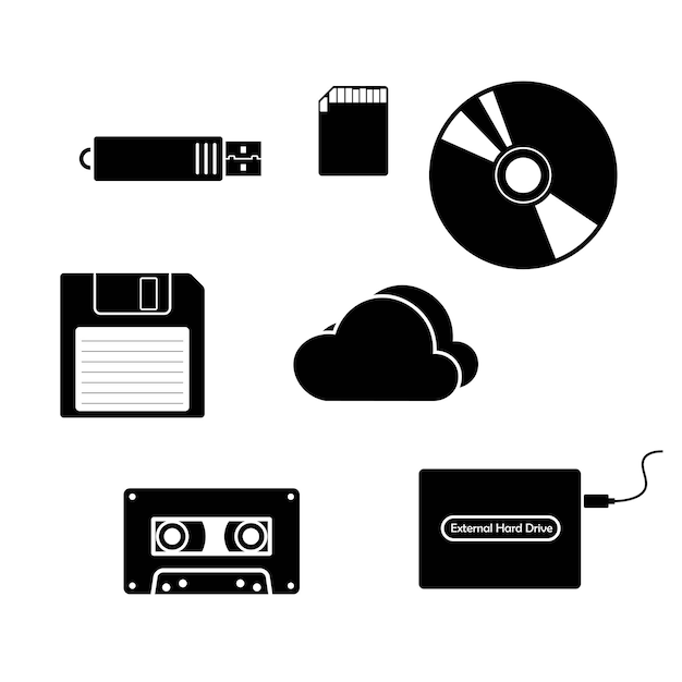 Conjunto de dispositivos de almacenamiento íconos negros vector plano aislado en fondos blancos