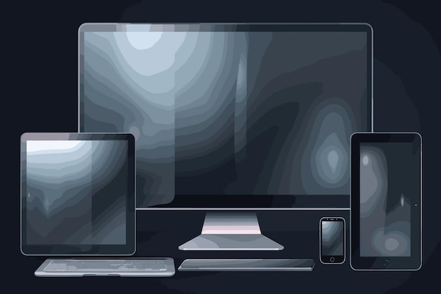 Vector conjunto de dispositivos de monitor de computadora realista, tabletas portátiles y teléfonos inteligentes con pantalla negra aislada