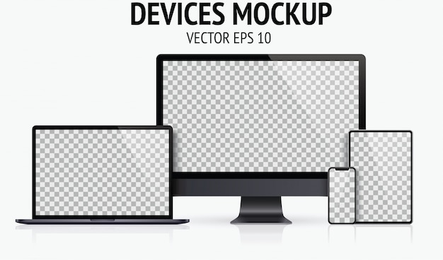 Vector conjunto de dispositivos realistas de monitor, computadora portátil, tableta, teléfono inteligente color gris oscuro