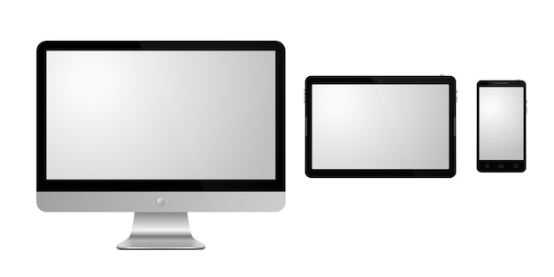 Conjunto de dispositivos sobre fondo blanco. ilustración. Monitor, tableta y teléfono inteligente realistas