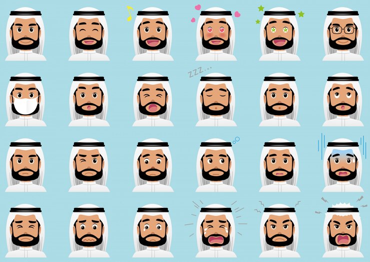 Vector conjunto de diversas expresiones faciales del empresario del medio oriente