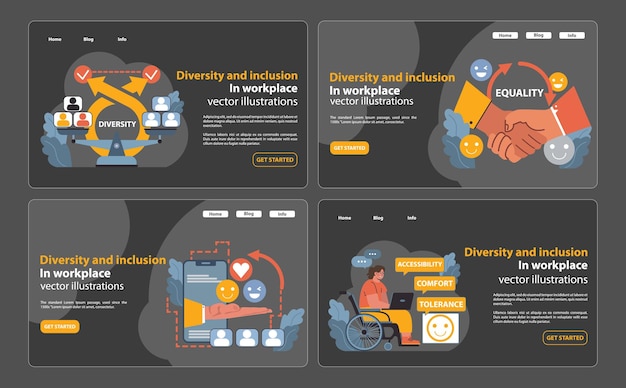 Vector conjunto de diversidad e inclusión que promueve la unidad en el lugar de trabajo integración de diferentes orígenes