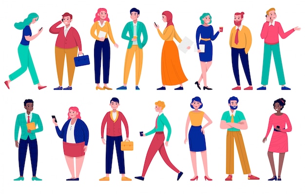 Vector conjunto diverso de ilustración de grupo de gente de negocios, personajes de dibujos animados hombre mujer, diversidad de diferentes razas en blanco