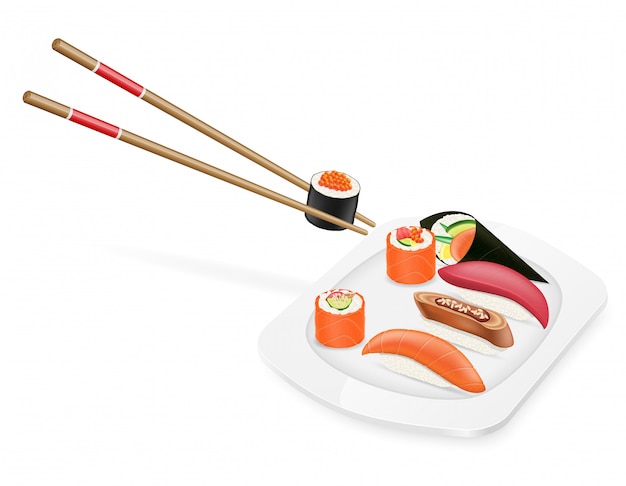 Conjunto diverso de sushi con palillos en una ilustración de vector de placa