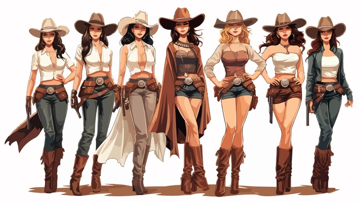 Vector un conjunto diverso de vaqueras con ropa tradicional occidental