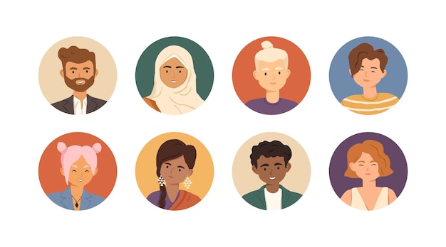 Conjunto de diversos avatares de jóvenes con caras felices en círculos aislados en fondo blanco. retrato de persona para cuenta y perfil de usuario. ilustración de vector plano coloreado de iconos de hombre y mujer.