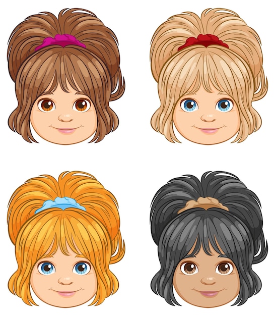 Vector conjunto de diversos peinados de niñas de dibujos animados