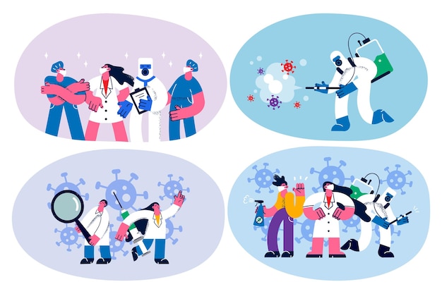 Conjunto de diversos trabajadores médicos en uniforme y máscaras luchan juntos contra el virus corona. el paquete de médicos protege a las personas del covid-19. héroes modernos. concepto de coronavirus. ilustración vectorial.