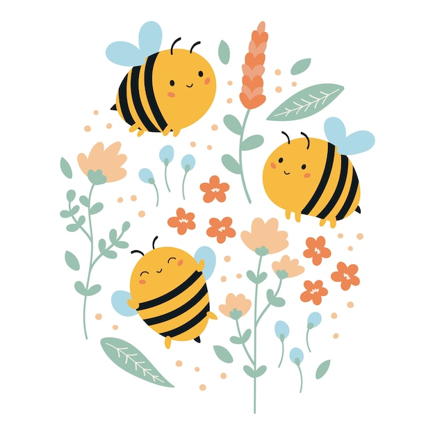 Conjunto de divertidas abejas kawaii con flores y hojas. Ilustración de verano para niños.